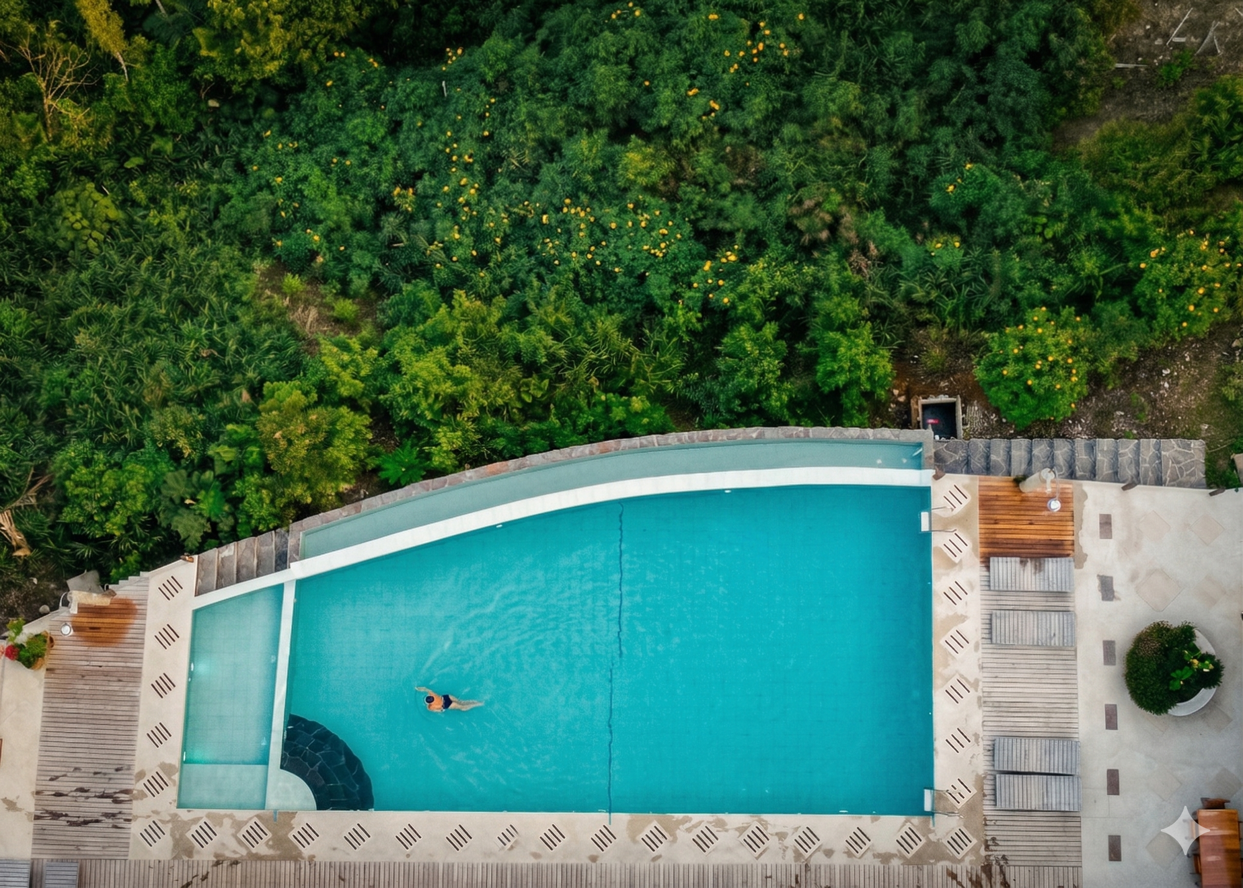 Vista aérea de una alberca con una persona nadando y rodeada de vegetación y área de descanso.