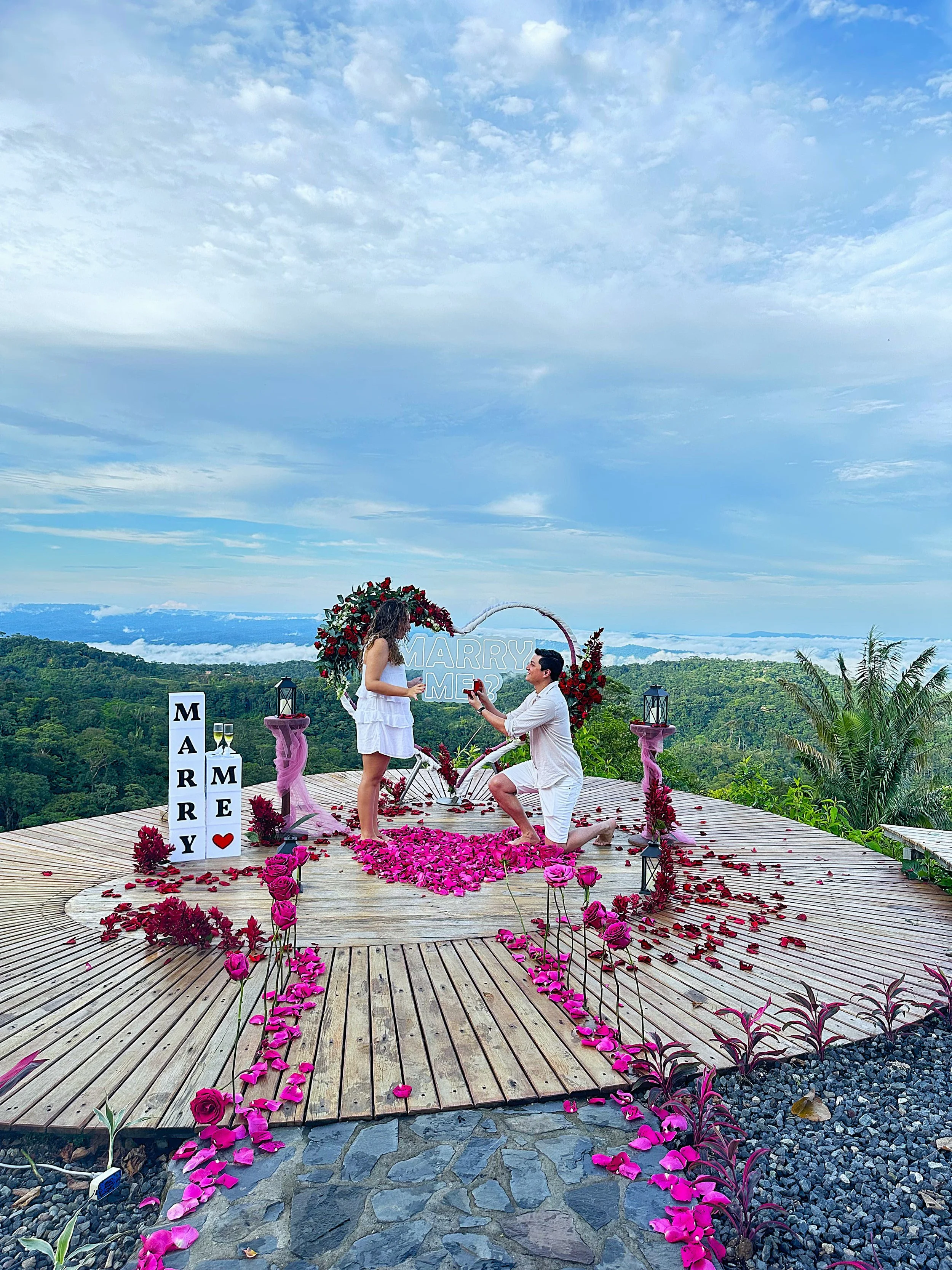Una pareja en una propuesta de matrimonio en un escenario en la naturaleza con decoraciones de flores rosas y corazones, y un cartel de 'Marry Me'. La escena incluye un fondo de cielo nublado y vegetación.