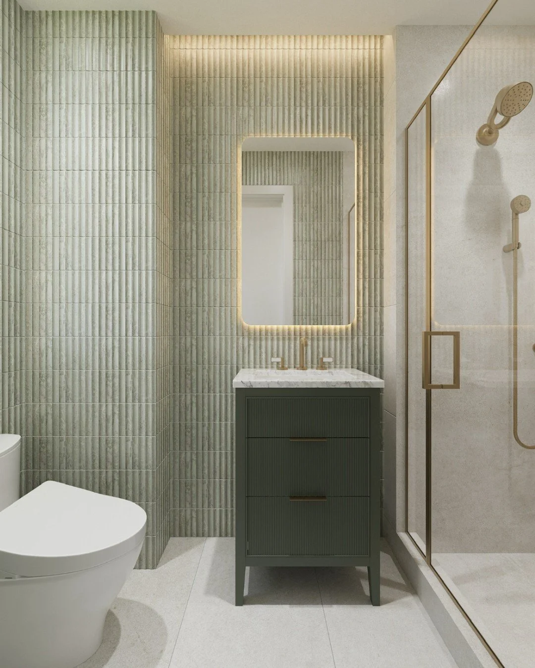 Proof that kids&rsquo; spaces can be just as stylish as the rest of the home. ✨ This bathroom combines playful practicality with elevated design&mdash;ribbed green tile walls, warm brass accents, and a perfectly sized vanity that feels both timeless 