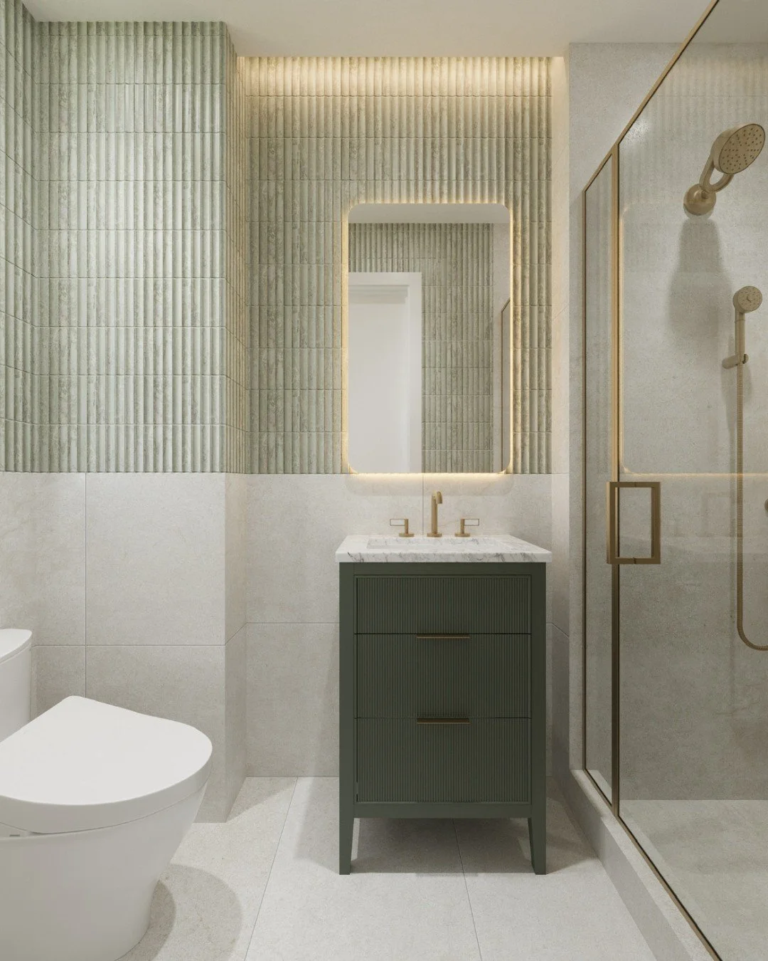 One of our favorite designer tricks? Taking tile floor-to-ceiling &mdash; it&rsquo;s a simple move with big impact!

By extending the floor tile up the lower portion of the wall, we visually expand the space, creating a cohesive, grounded feel. Then,