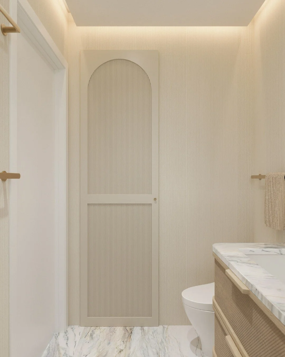 Which would you choose for your bathroom?!?!

Option one: a millwork door with arched detail and fluted inlay &mdash; concealing a shallow linen closet while bringing texture, depth, and classic design to your space.

Option two: a full-length mirror