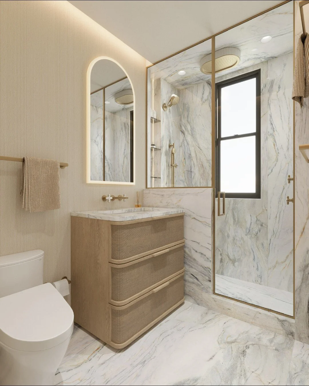 Two designs. Two ways to define space. ✨

The first features a half wall between the shower and vanity with framed glass above &mdash; offering just the right amount of separation while maintaining light and flow. The second goes fully open with a fl