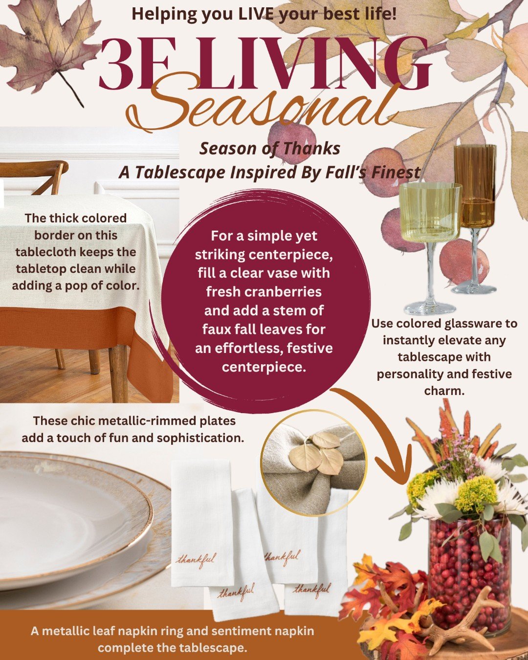 Giving thanks in style 🍂✨ This Thanksgiving, we&rsquo;re embracing natural elements like fresh cranberries and fall leaves, paired with rich, seasonal tones of burgundy and burnt orange. A tablescape that feels warm, inviting, and effortlessly festi