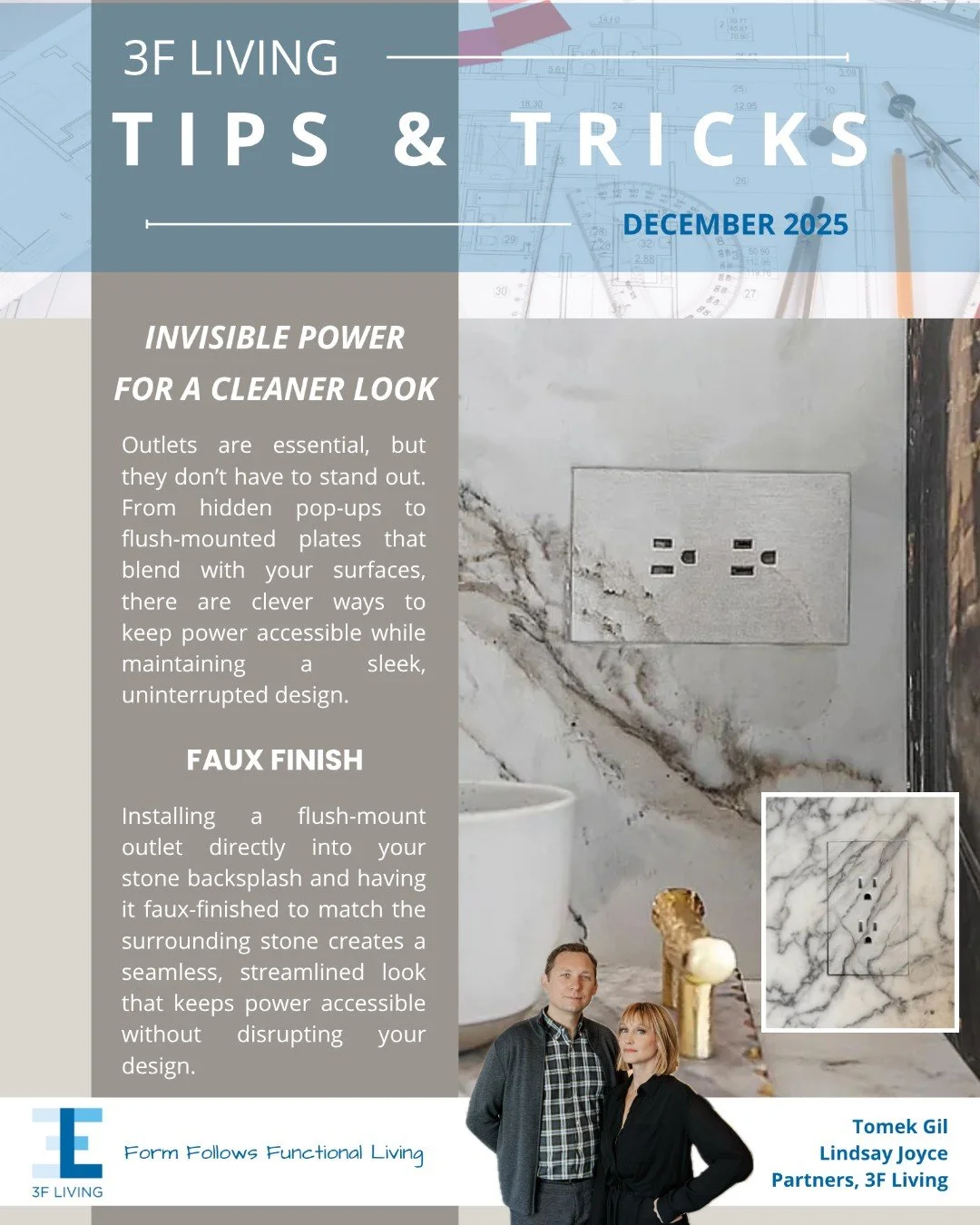 SNEAK PEEK: December Tips &amp; Tricks ✨

Outlets are essential, but they don&rsquo;t have to be the star of the show. From hidden pop-ups tucked into countertops to flush-mounted plates that disappear into your finishes, there are so many smart ways