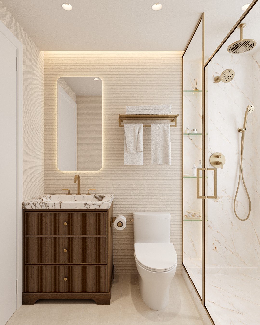 Soft, serene, and thoughtfully layered&mdash;this bathroom rendering is quiet luxury at its finest. 🤫✨

Warm wood tones meet creamy stone and subtle textures, while the warm brass finishes echo the veining in the shower tile, creating a cohesive, el