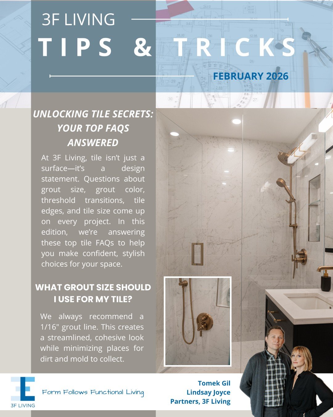NEW on the BLOG ✨ Tips &amp; Tricks: Tile FAQ

At 3F Living, tile isn&rsquo;t just a surface&mdash;it&rsquo;s a design statement. From grout size and color to tile edges, threshold transitions, and tile size, these questions come up on every project 