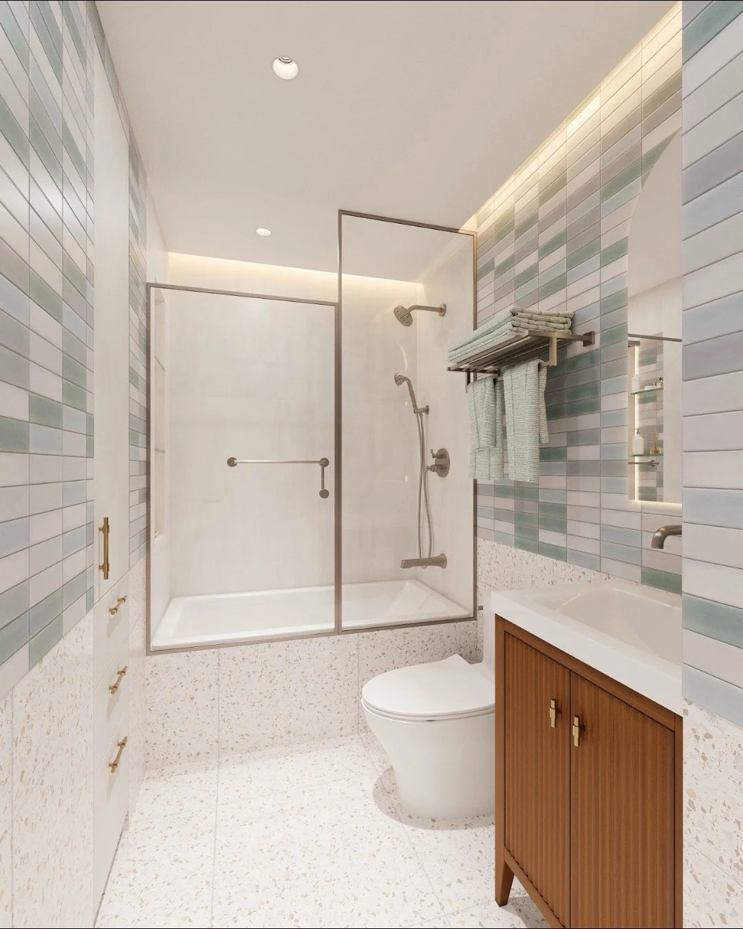 The FINAL rendering&hellip; and all the red lines it took to get there! ✍️

The first image shows the finished bathroom rendering&mdash;but great design is never just one step. Swipe to see a glimpse into our digital rendering process and the many it