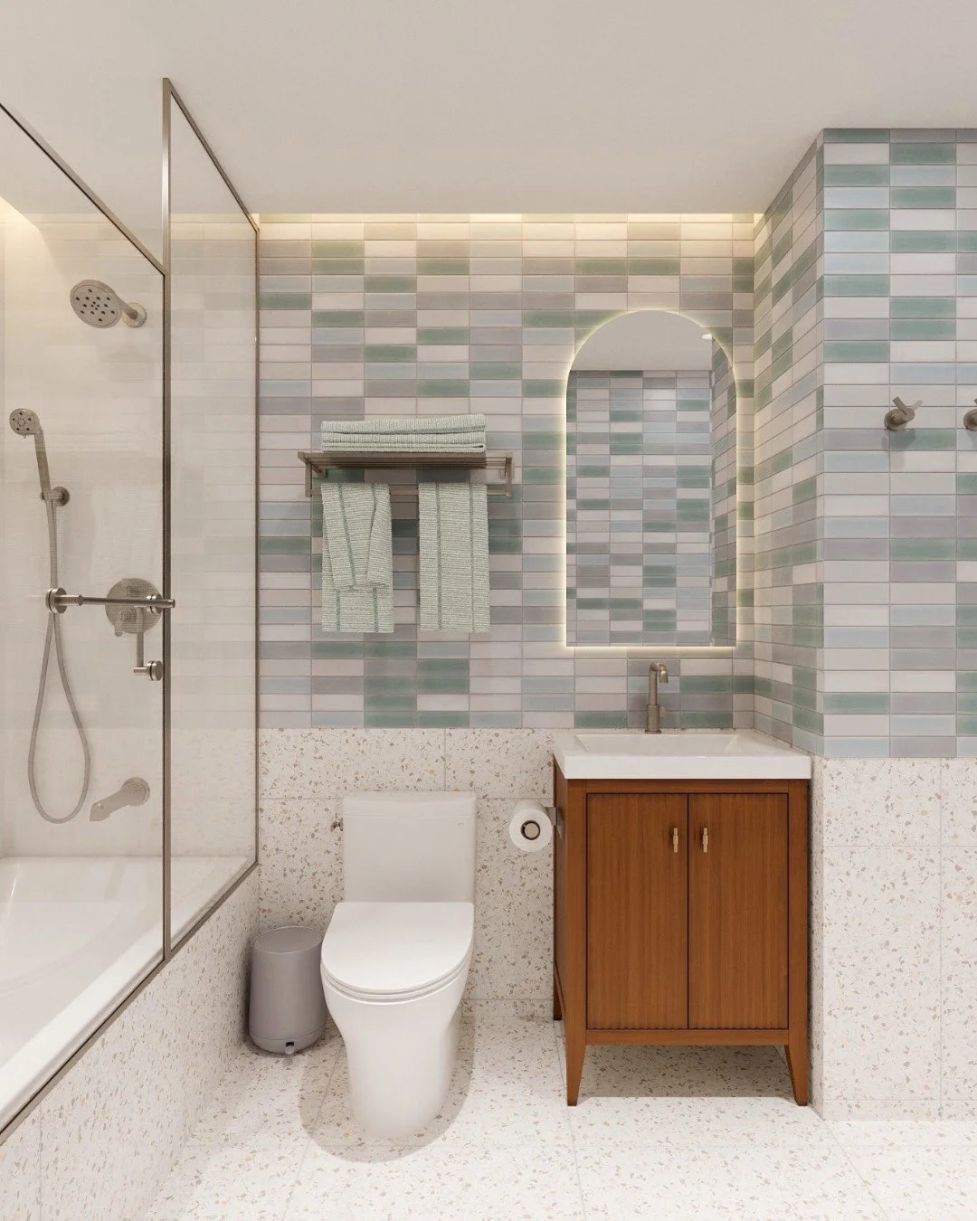 Still swooning. Still obsessing. Still completely in LOVE. 💫

This final bathroom rendering has us absolutely fangirling &mdash; and while there are so many details to adore, one of our favorite moves is carrying the floor tile up the wall to chair 