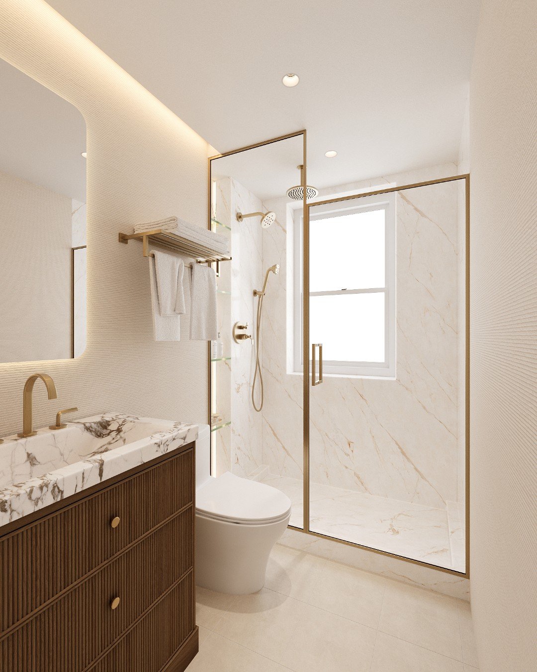 What swanky NYC hotel bathroom is this? ✨

Oh wait&hellip; it&rsquo;s just one of our client&rsquo;s future bathrooms.

Layered stone, elevated fixtures, a glow that hits just right &mdash; this space was designed to feel like a boutique hotel escape