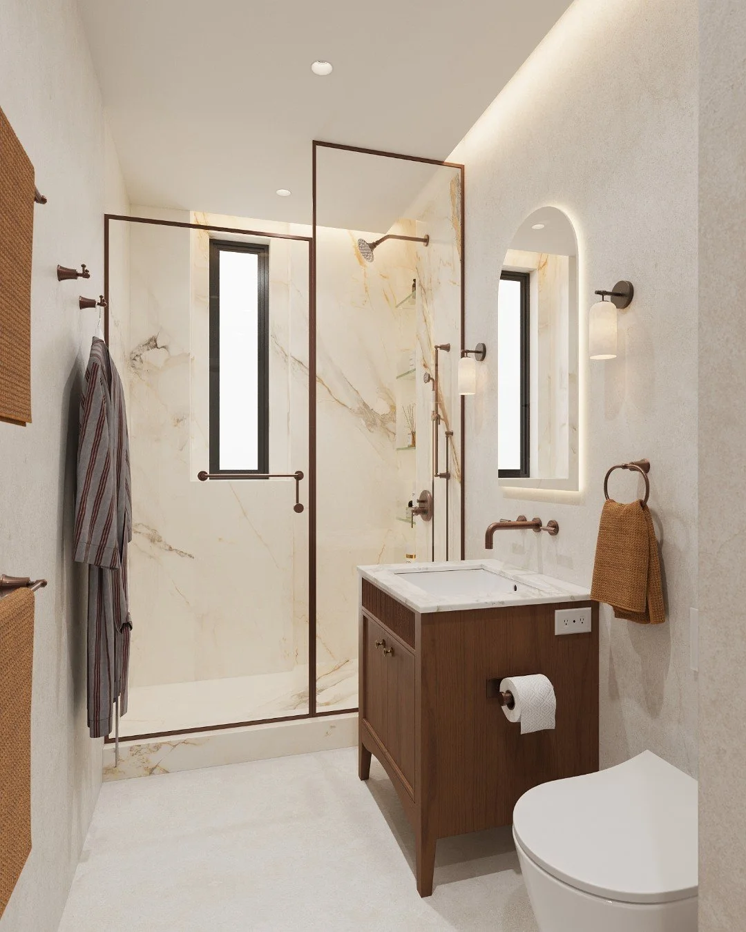 Behind every polished bathroom is a thoughtful process ✨

These images show both the finished digital rendering and the &ldquo;redlined&rdquo; version, revealing all the intentional decisions that make the design sing. From shower glass height to cov