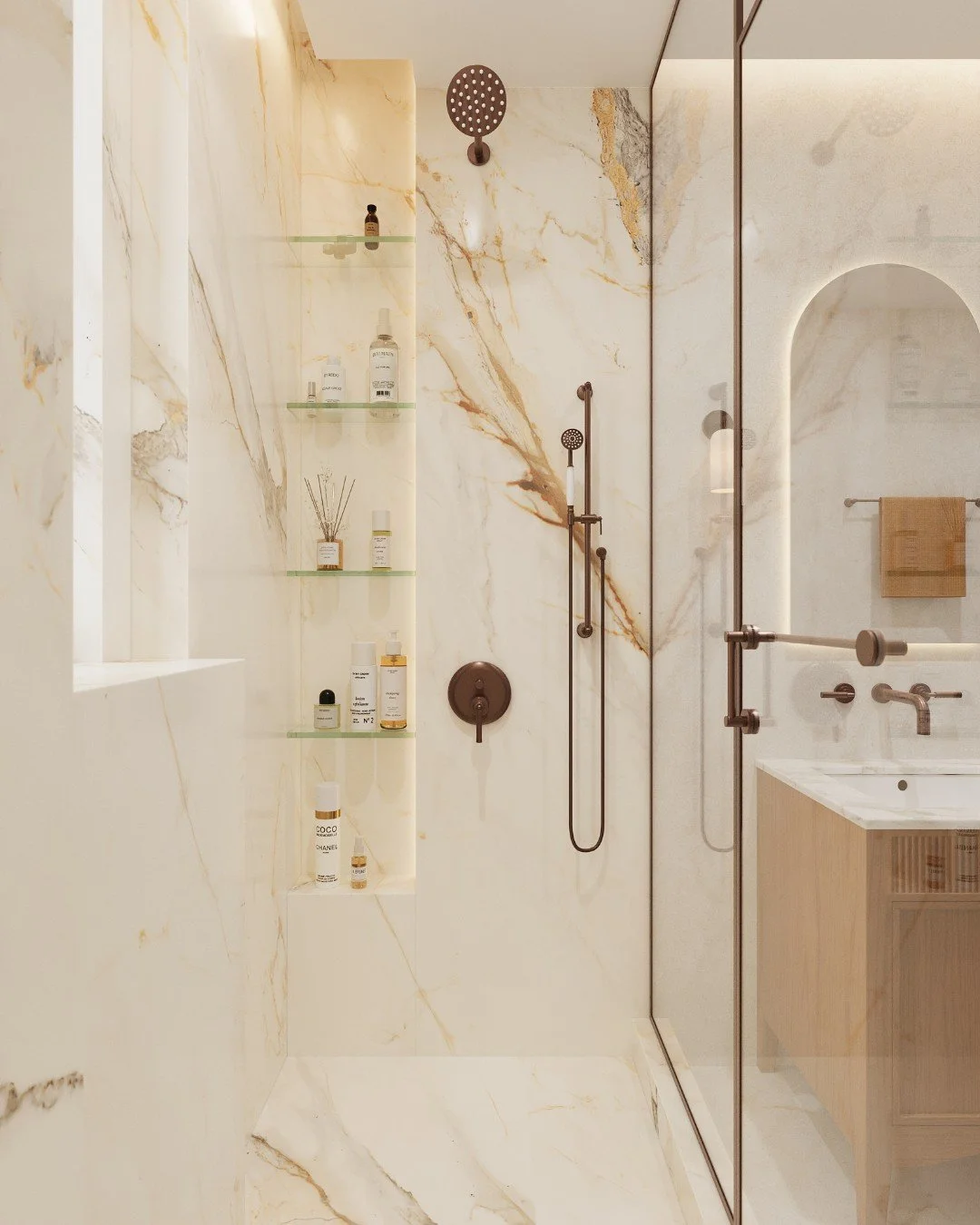 Proof that the right details change everything ✨

We wrapped this shower in full slab wall tiles so the veining could run uninterrupted &mdash; it feels calm, seamless, and completely tailored. The elongated niche adds both function and drama (becaus