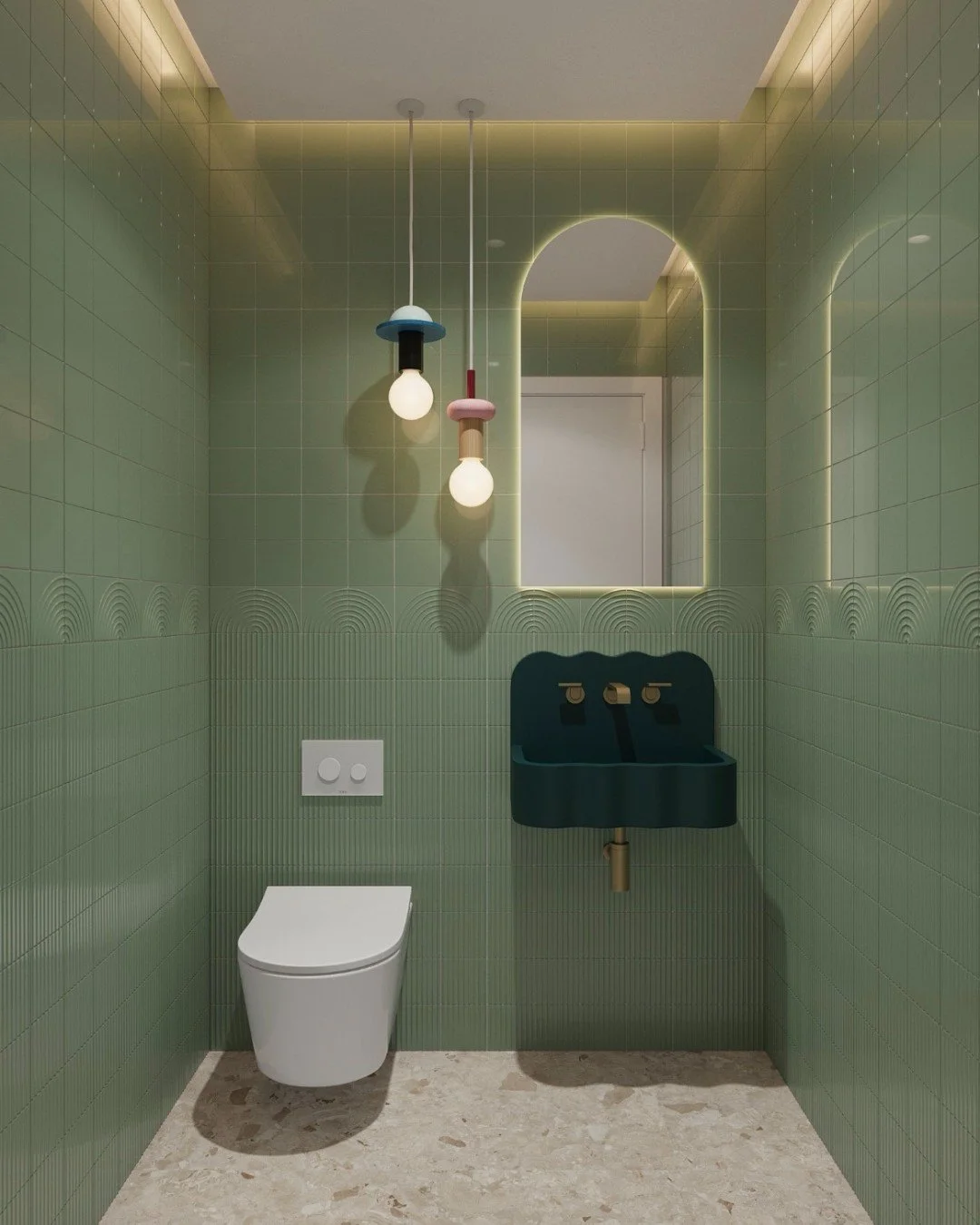 This powder room is one of three bathrooms we designed using the Swirl collection&mdash;each exploring pattern, form, and material in a unique way.

Here, sage-toned Swirl tiles are paired in straight and curved formats to create a repeating arch mot