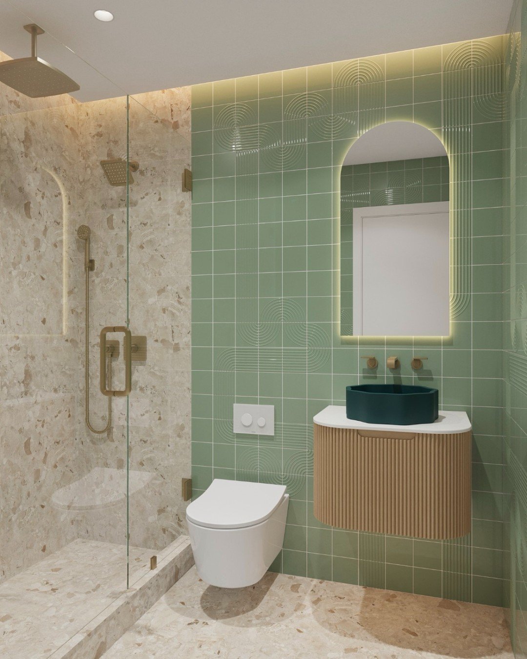 More PATTERN. More MOVEMENT. More IMPACT.

This is the second of three bathrooms we designed using the Swirl collection&mdash;where the tile takes on a more expressive, layered identity.

Outside the shower, sage-toned Swirl tiles are arranged in a r