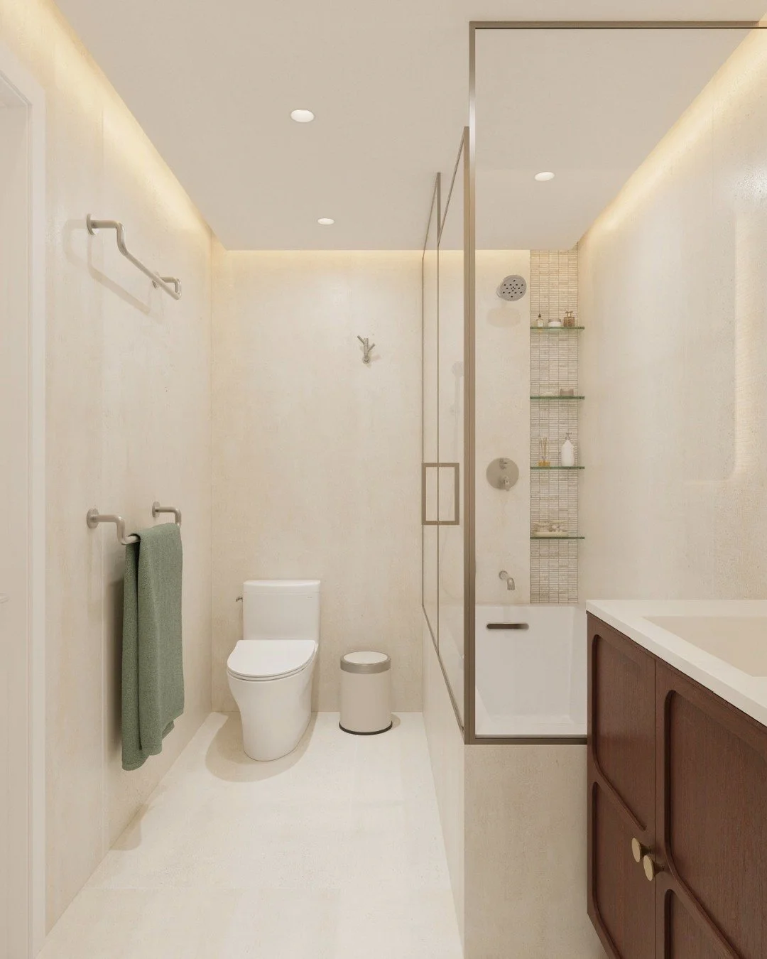 Two flooring directions, one bathroom.

In one version, the large-format wall tile extends seamlessly across the floor for a quiet, monolithic feel. In the other, we reintroduce the accent tile&mdash;pulling it from the shower niche and vanity wall t