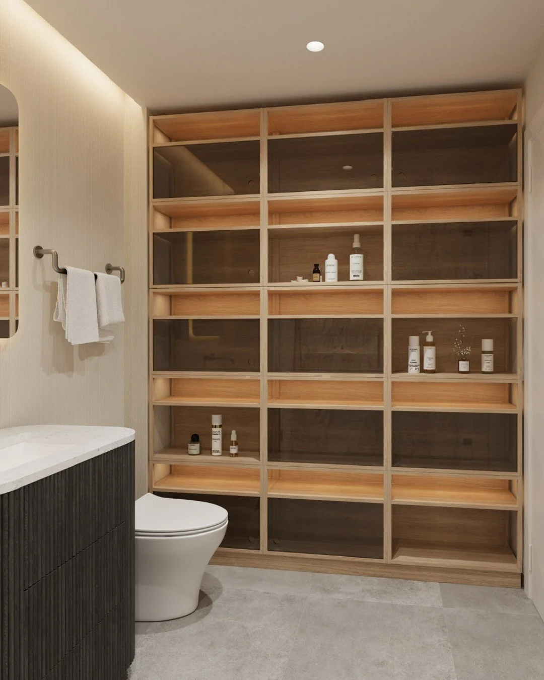 In our latest primary bathroom design rendering, storage became the design feature. ✨

Our client, a dermatologist with more skincare products than Sephora, needed a space where everything could feel organized, accessible, and beautifully displayed &