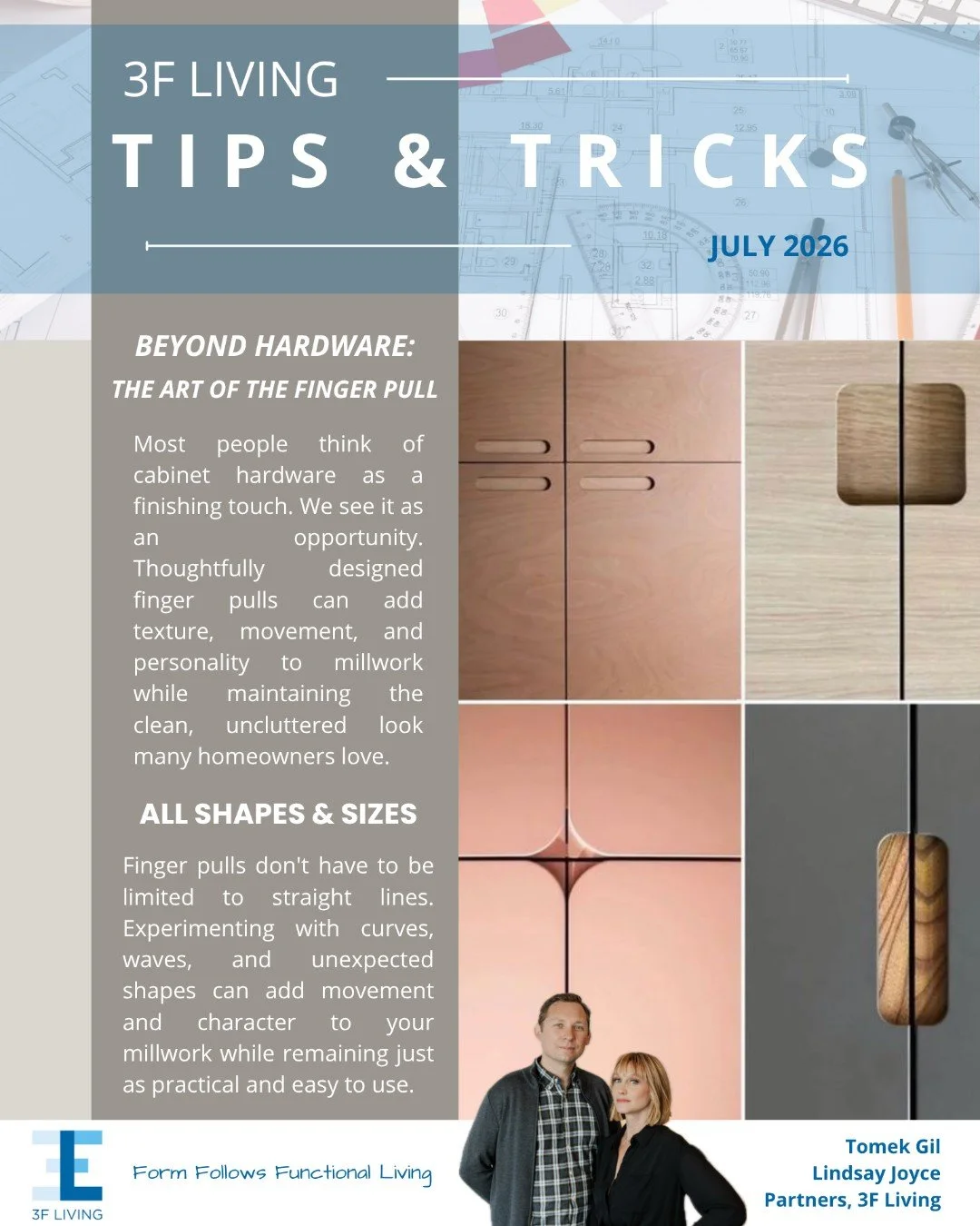 Cabinet hardware doesn't always have to look like hardware.

Finger pulls are one of our favorite ways to create a clean, minimalist aesthetic without sacrificing function. Whether they're carved directly into custom millwork, integrated into the cab