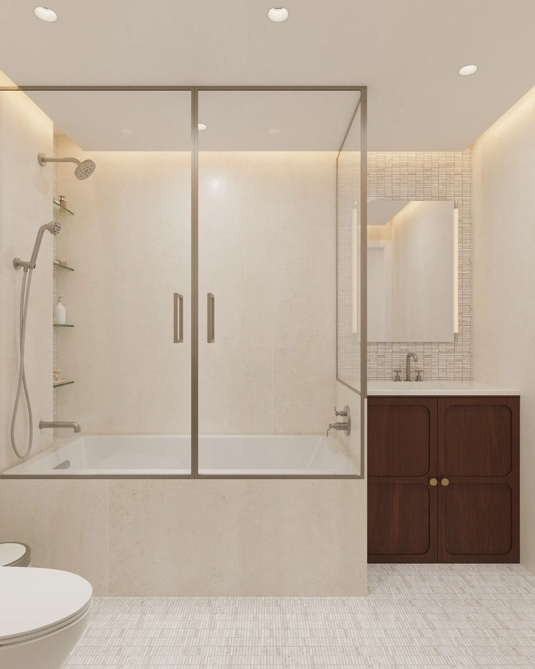 Designing for Real Life. 🚿✨

We don&rsquo;t design homes just for how they look&mdash;we design them for the people who live in them.

In this bathroom rendering, we&rsquo;re incorporating two doors into the shower enclosure to improve accessibility