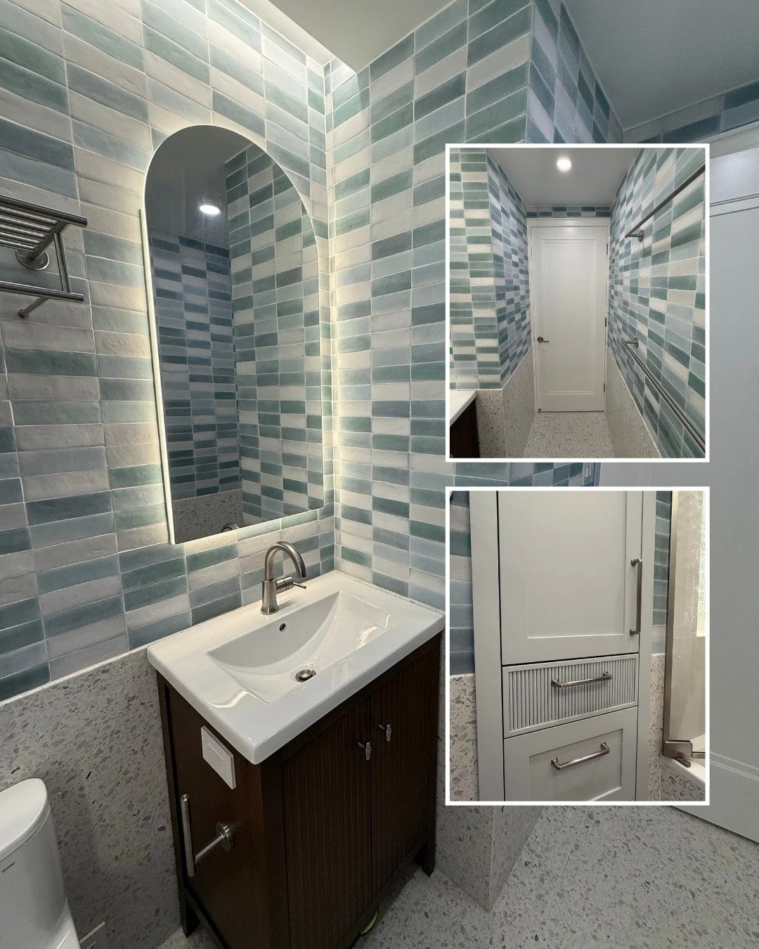 A little color, a little glow, and a lot of personality. 🩵

In this kid&rsquo;s bathroom, layered lighting takes center stage. Perimeter lighting around the arched mirror highlights its sculptural shape, while integrated lighting along the wet wall 
