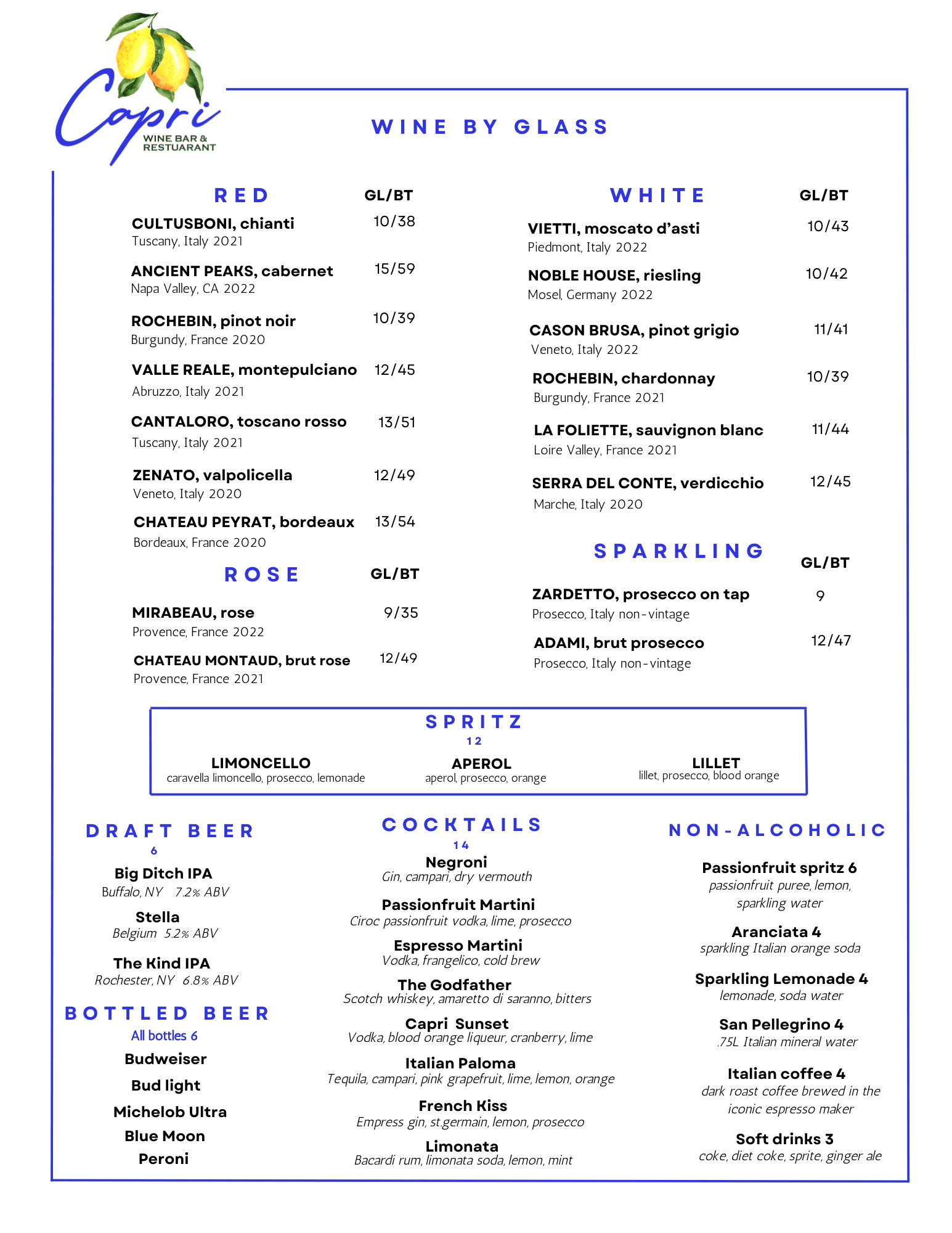 Menu — Capri Wine Bar & Restaurant