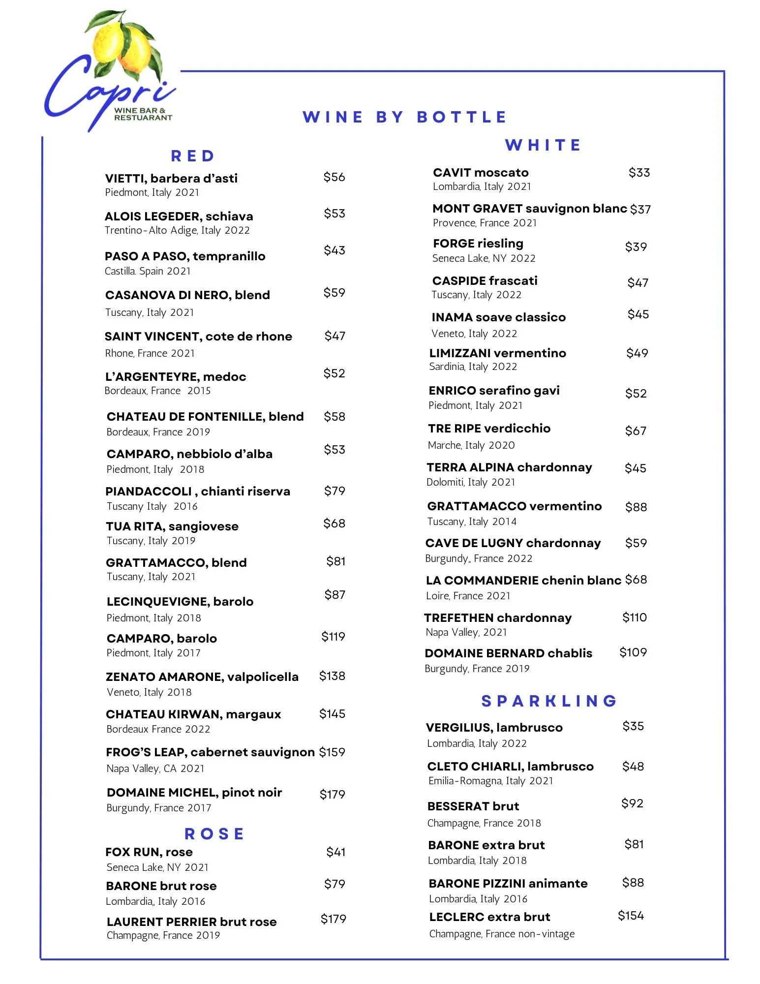 Menu — Capri Wine Bar & Restaurant