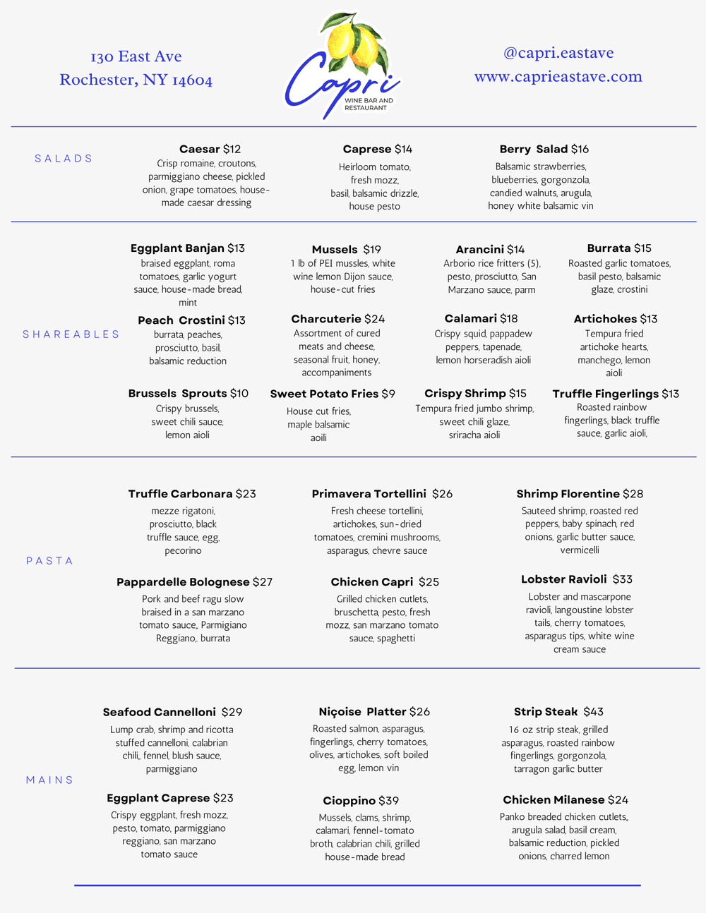 Menu — Capri Wine Bar & Restaurant