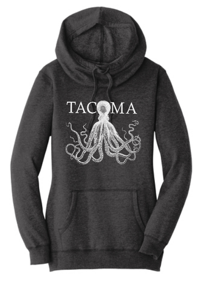 Ladies cowl neck pull over with the Beloved Tacoma Octopus Logo