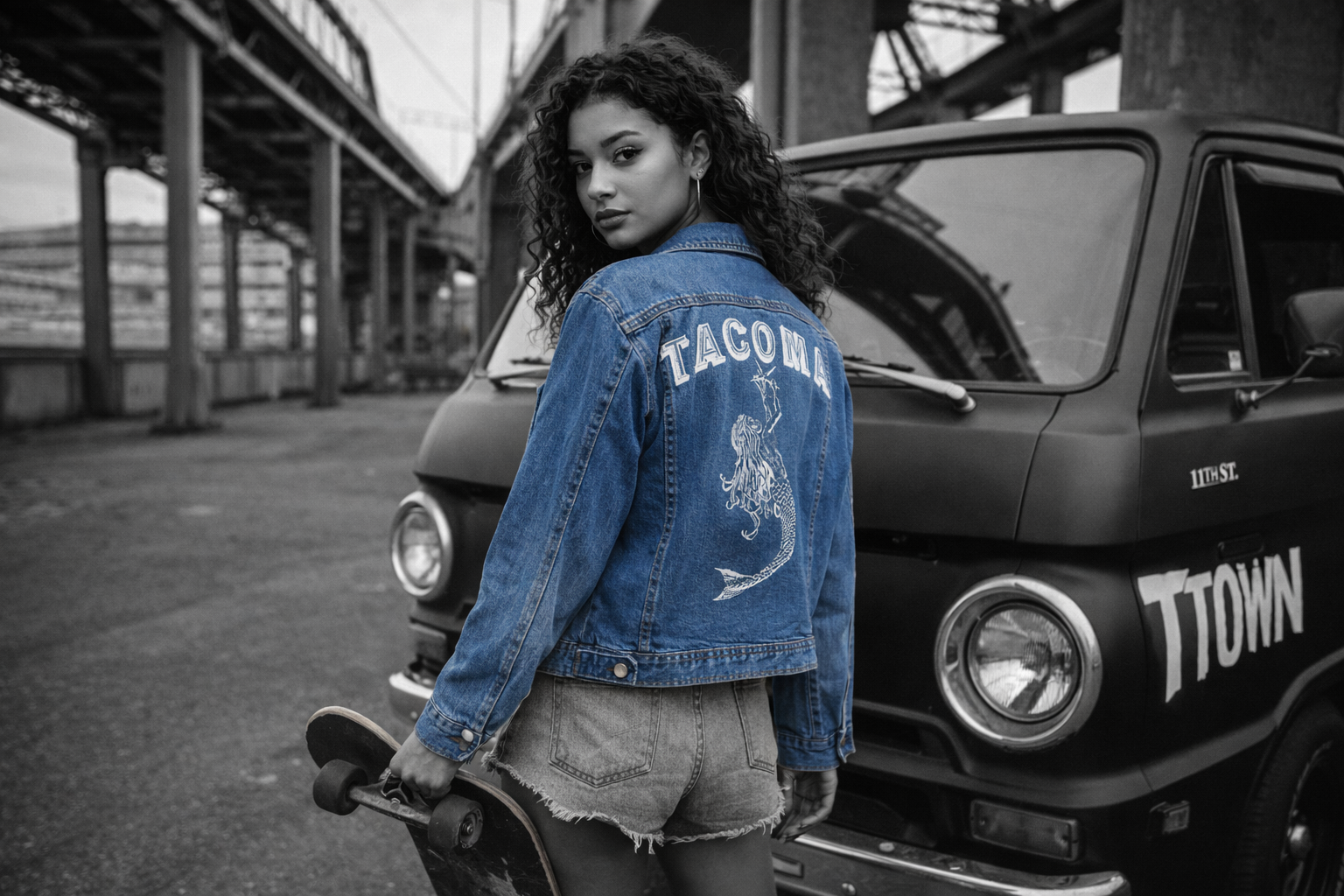 Lee Vintage Womens Denim Blue Jean Trucker Jacket with Tacoma Mermaid  / Size Large