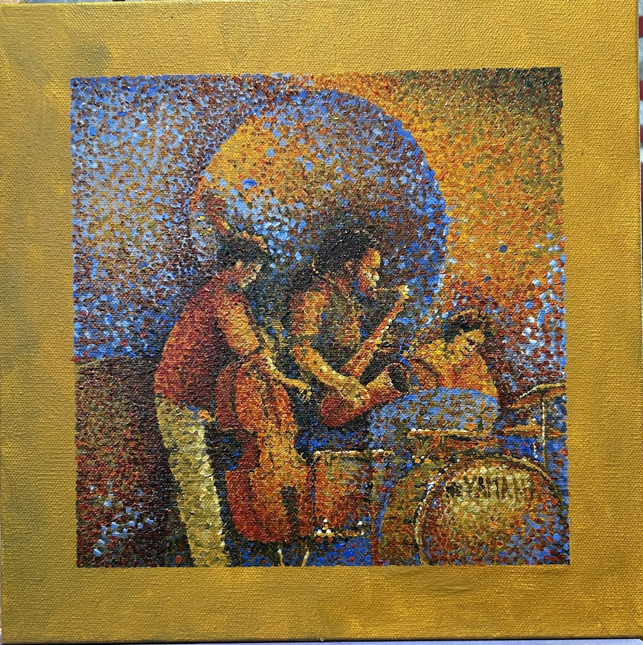 Close-up of a pixelated, colorful mosaic painting with a yellow background, depicting a silhouette of a person holding an umbrella.