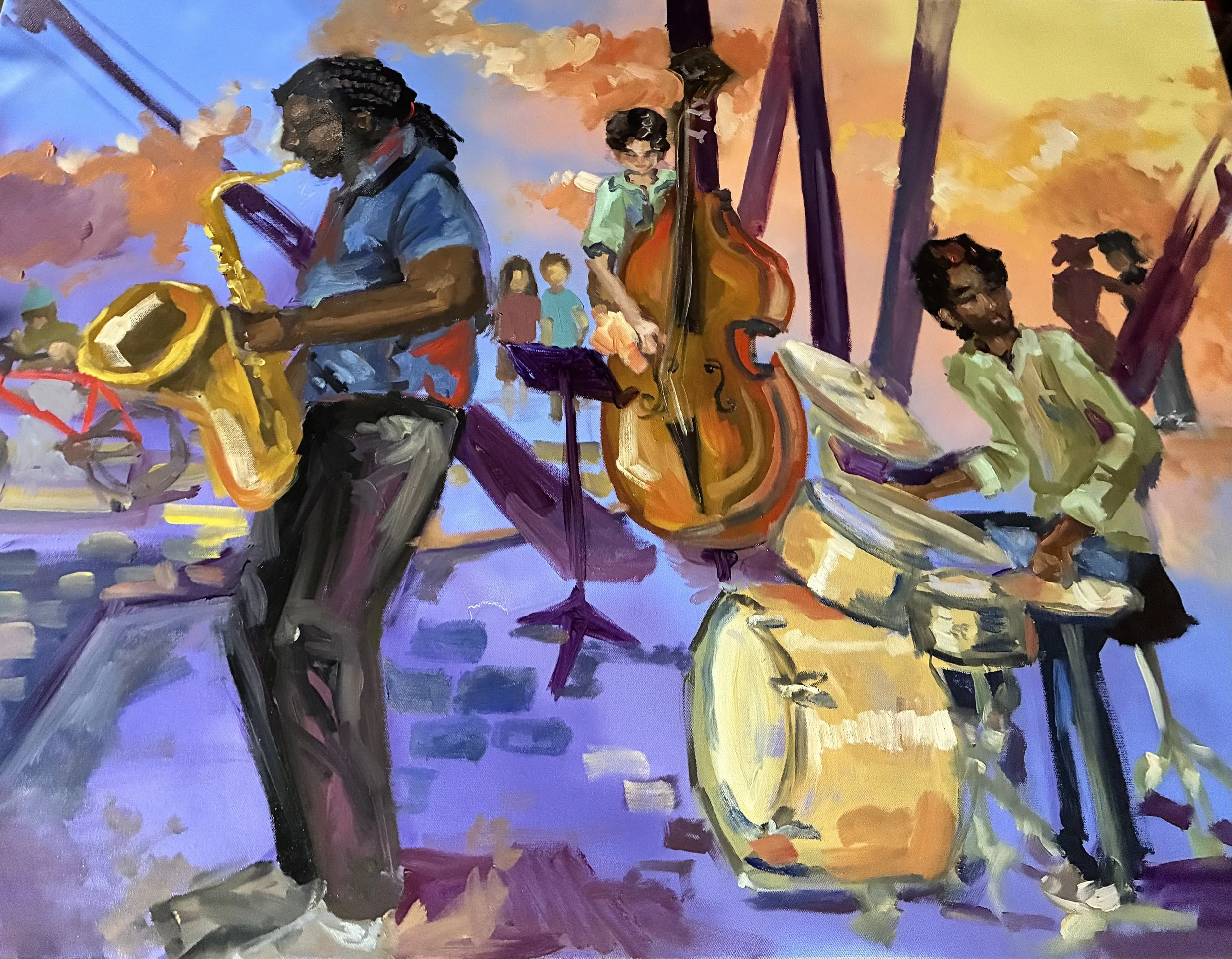 An impressionistic painting of a musical band performing outdoors at sunset, featuring a saxophonist, a double bassist, a drummer, and a trombonist.
