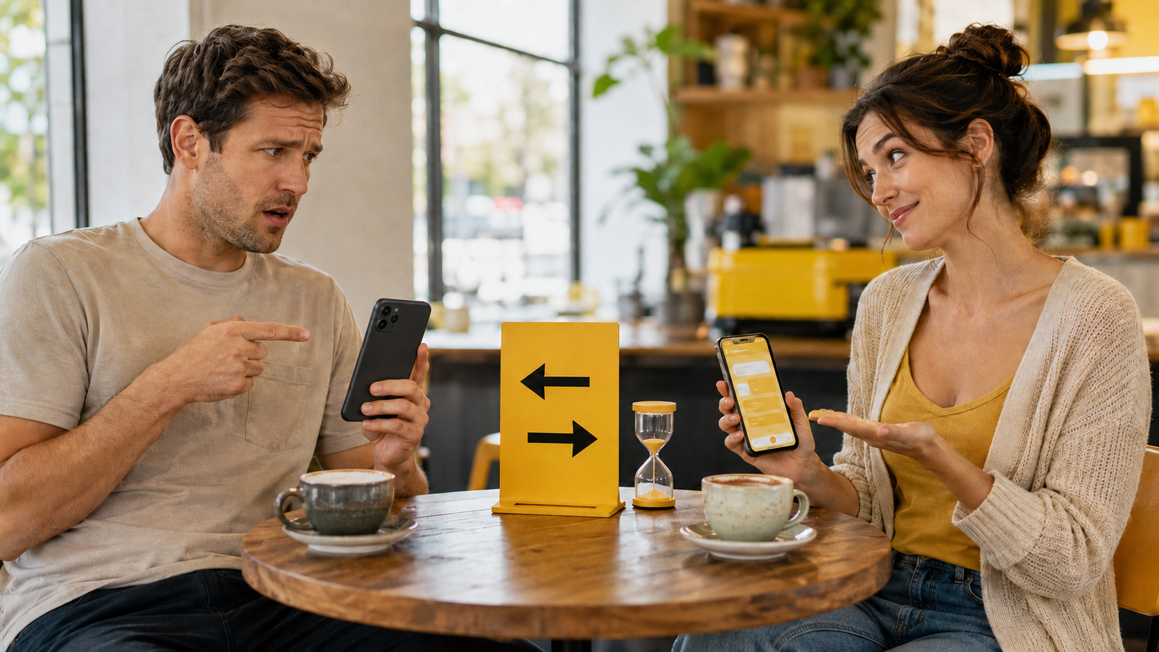 A confused man holding a phone receives permission to message first while an amused woman relaxes beside a yellow dating-app sign pointing in both directions.