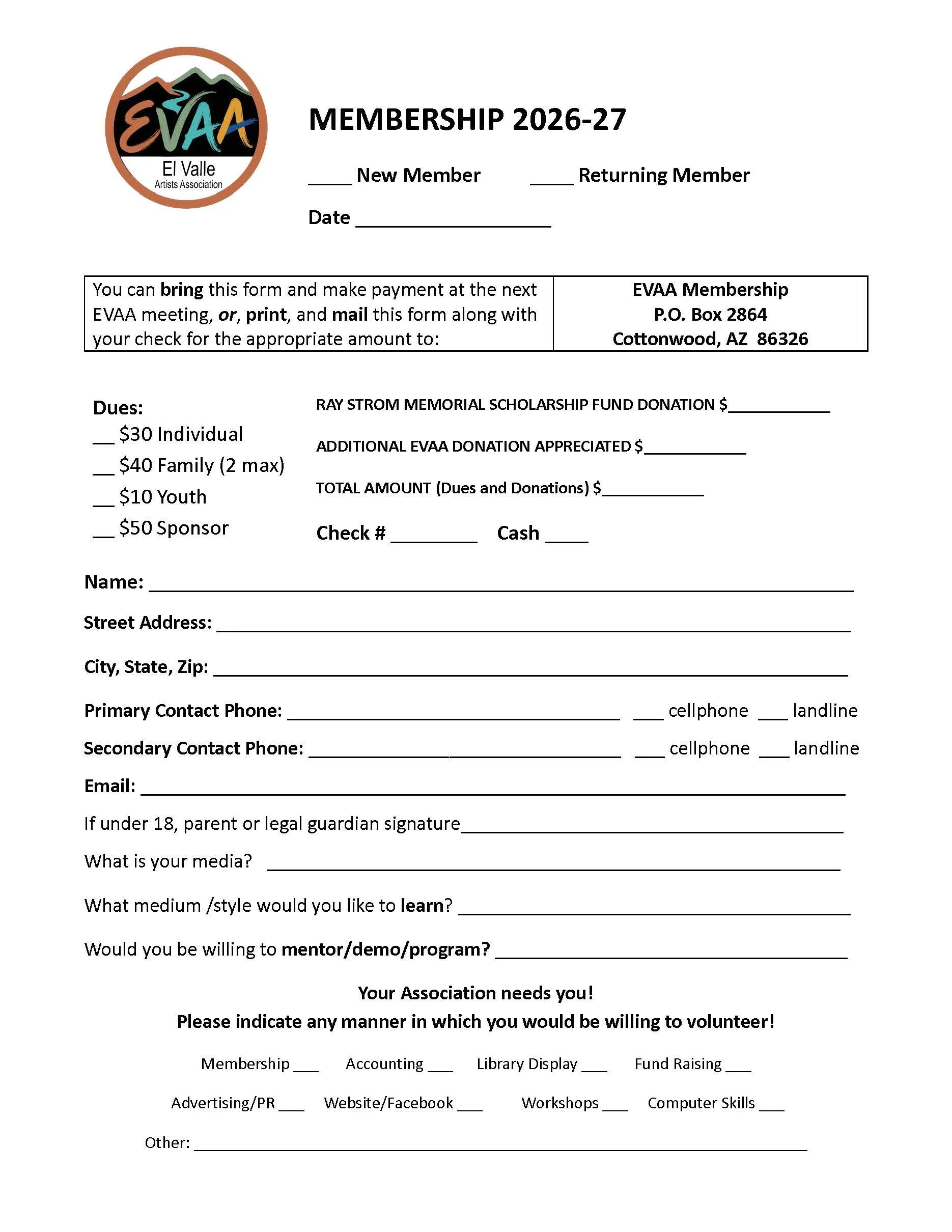 A membership form for the El Valle Artists Association for the year 2026-2027. It includes sections for personal information, membership dues, donations, email, phone numbers, and interest in volunteering or participating in programs.