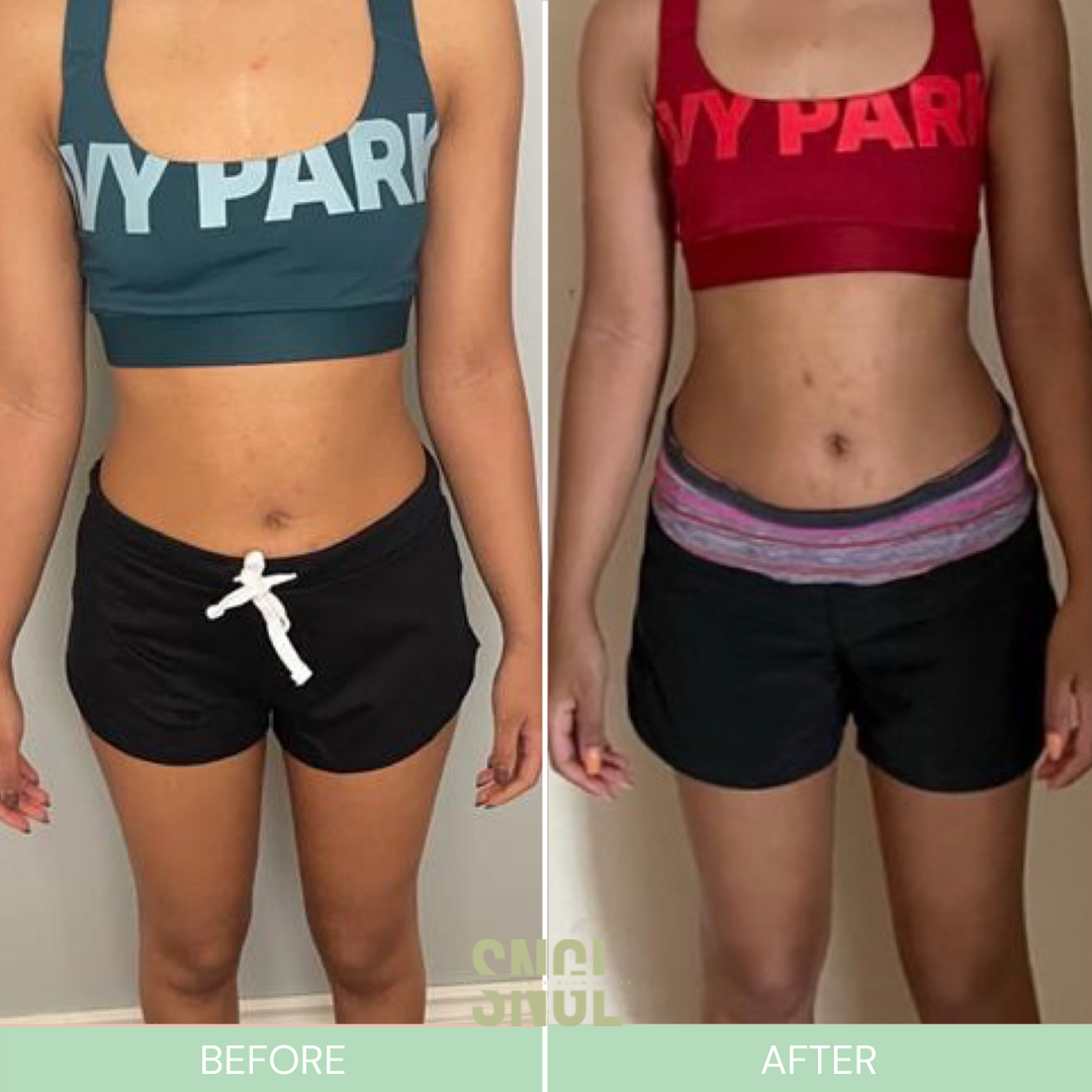Side-by-side comparison photo showing a woman's torso before and after a fitness transformation, with the woman wearing different sports bras and shorts in each image.