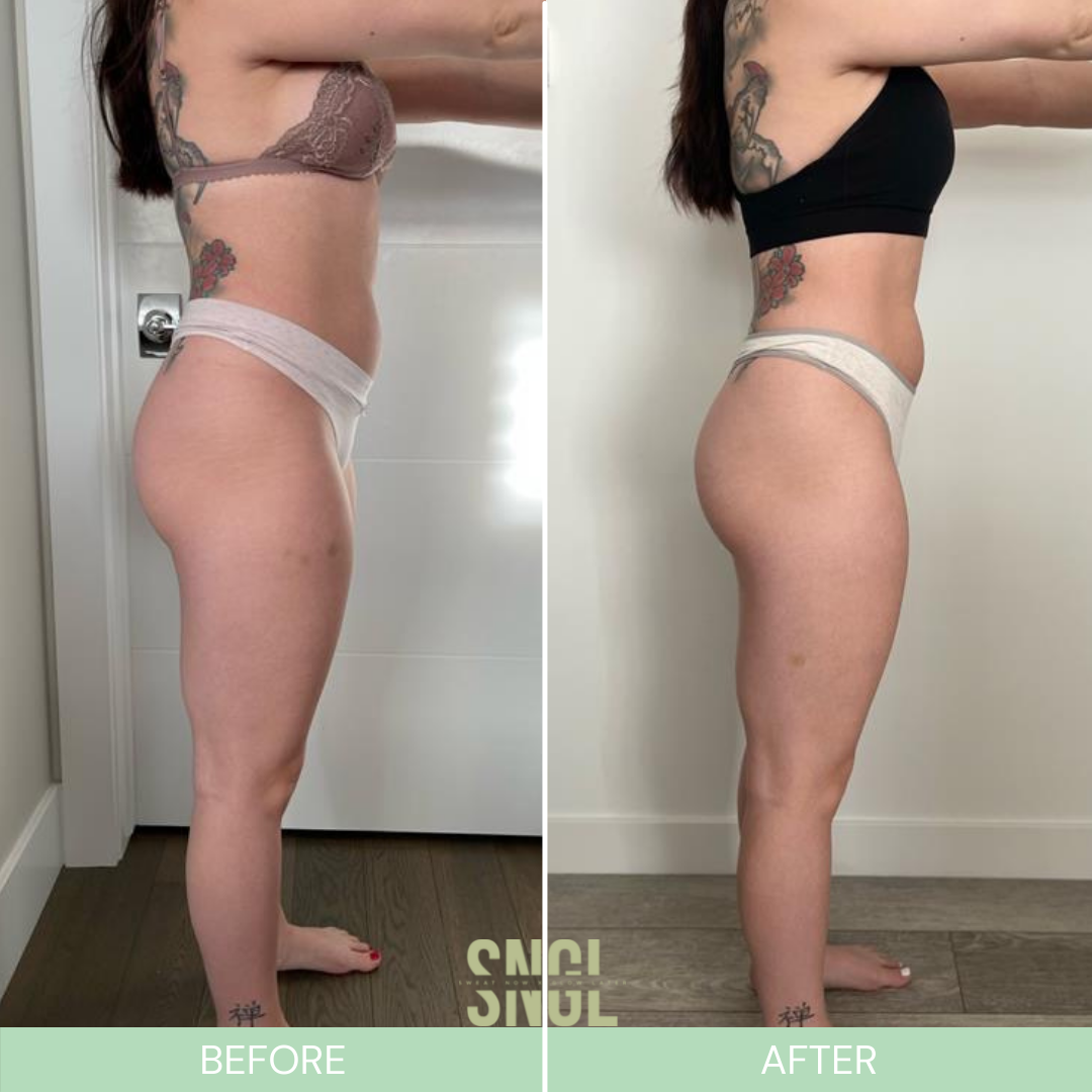 Side-by-side comparison of a woman showing her body before and after a fitness transformation, with notable changes in body shape and tone.