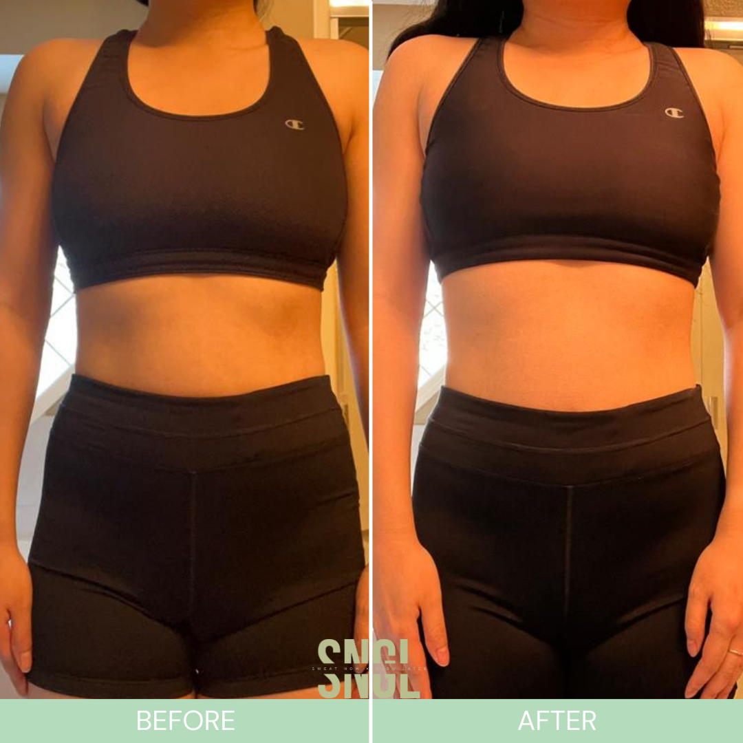 Side-by-side comparison of a woman in black athletic wear, showing before and after photos of her midsection, indicating weight loss or fitness progress.