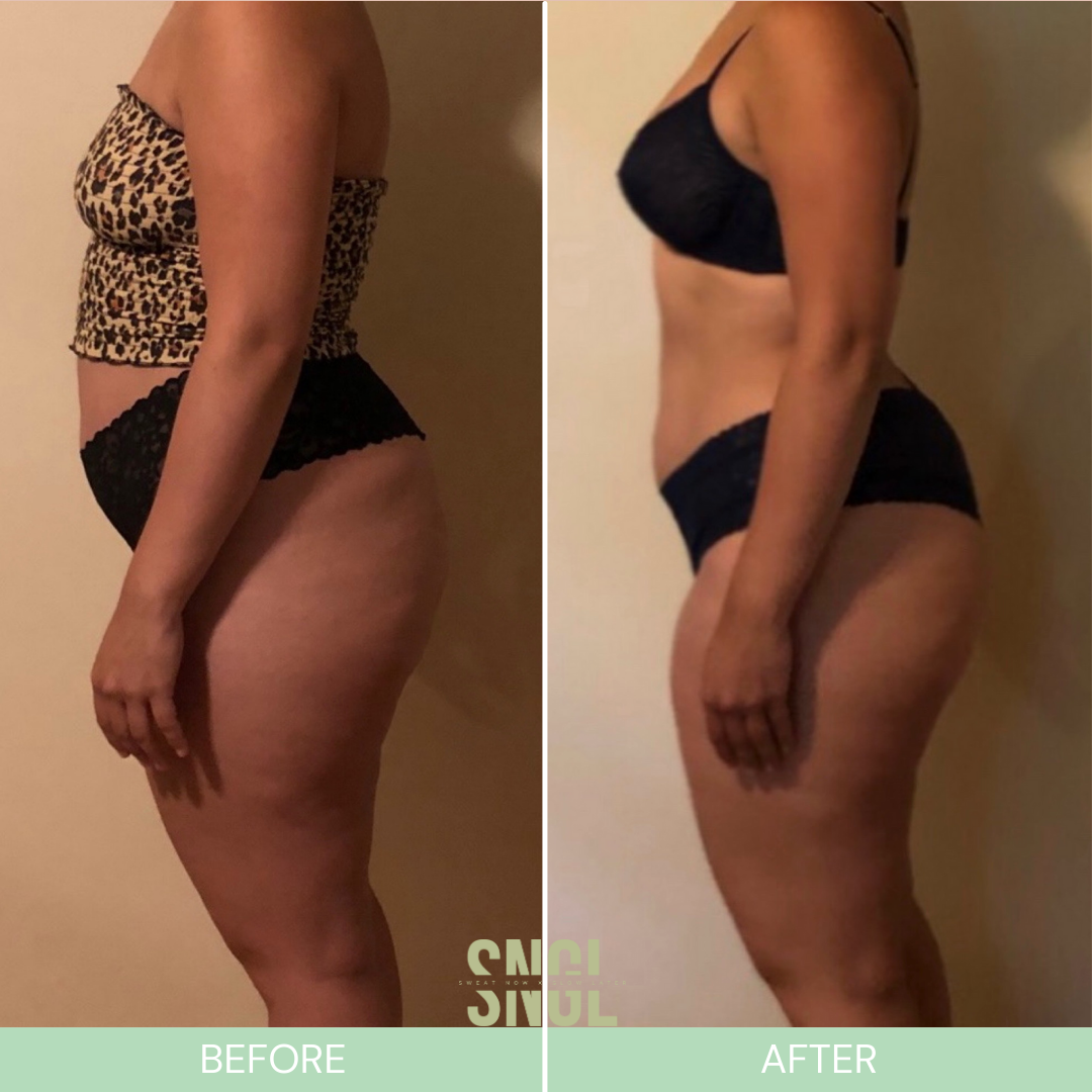 Side-by-side comparison of a woman before and after fitness transformation, wearing lacy black underwear, showing body slimming and toning.