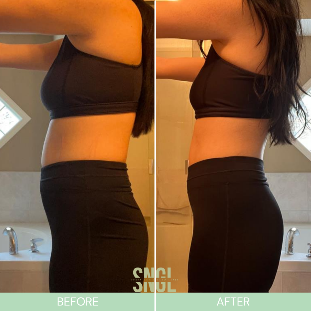 Comparison of a woman's side profile before and after a fitness transformation, showing a flatter stomach and more toned appearance.