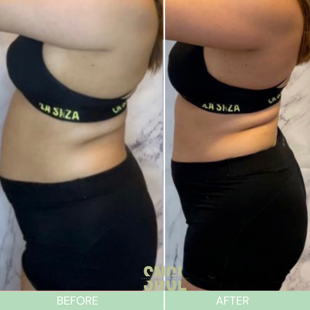 Comparison of a woman's waist and side profile before and after weight loss or body transformation, wearing black workout leggings and a black sports bra with yellow lettering