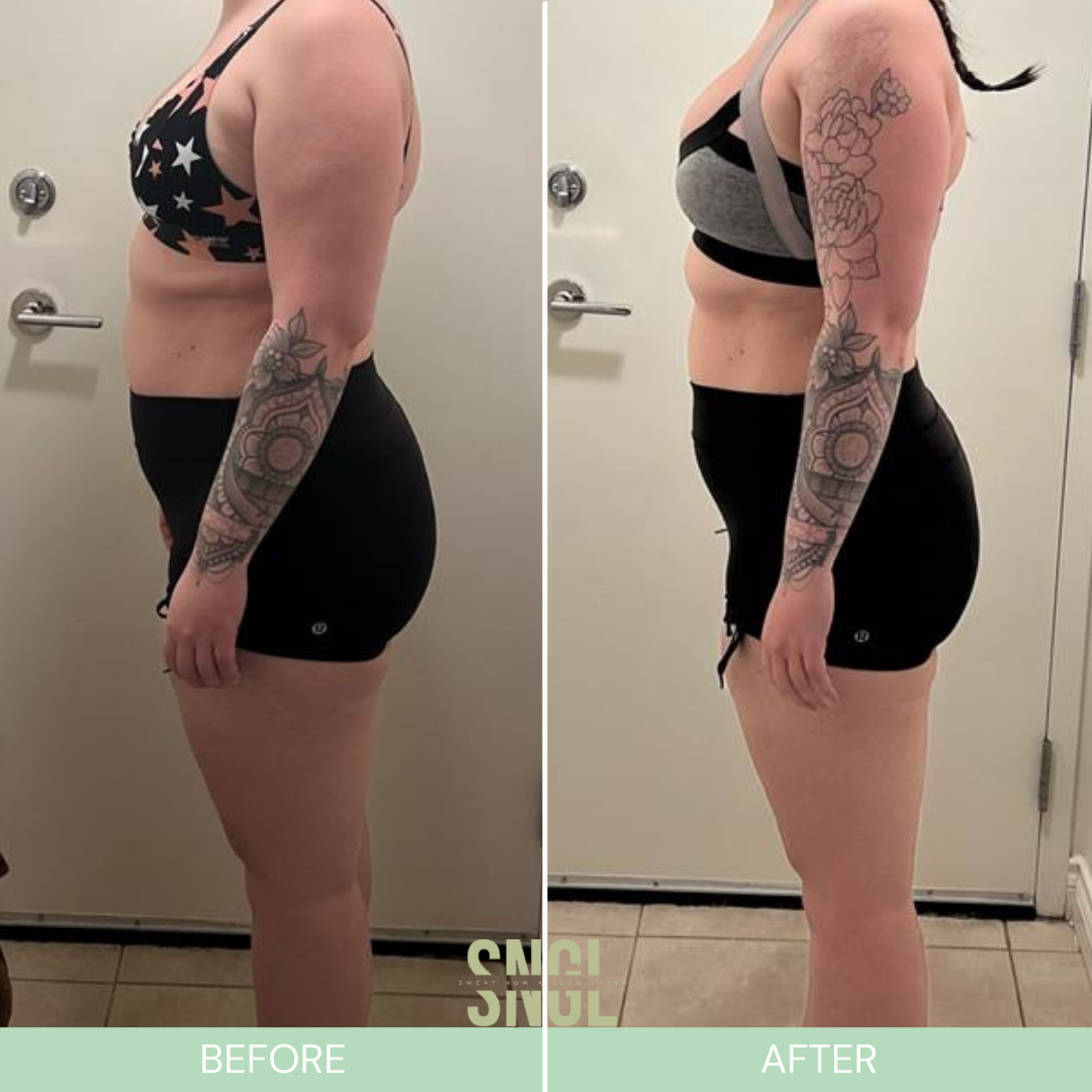 Side-by-side comparison of a woman showing her body before and after a fitness transformation. Both photos show her in workout attire, emphasizing body changes.