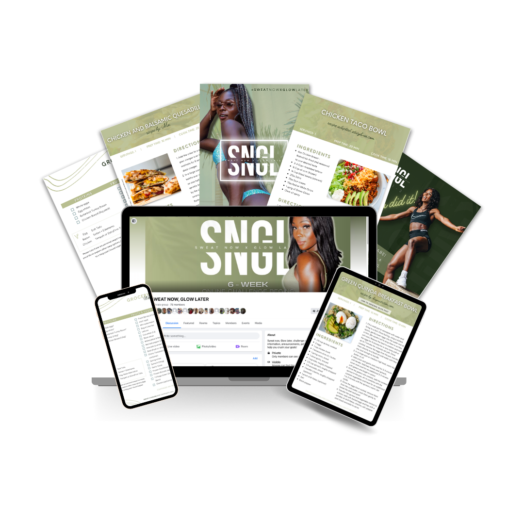 Collection of digital devices and printed materials displaying fitness recipes, workout plans, and social media content for a health and wellness brand.