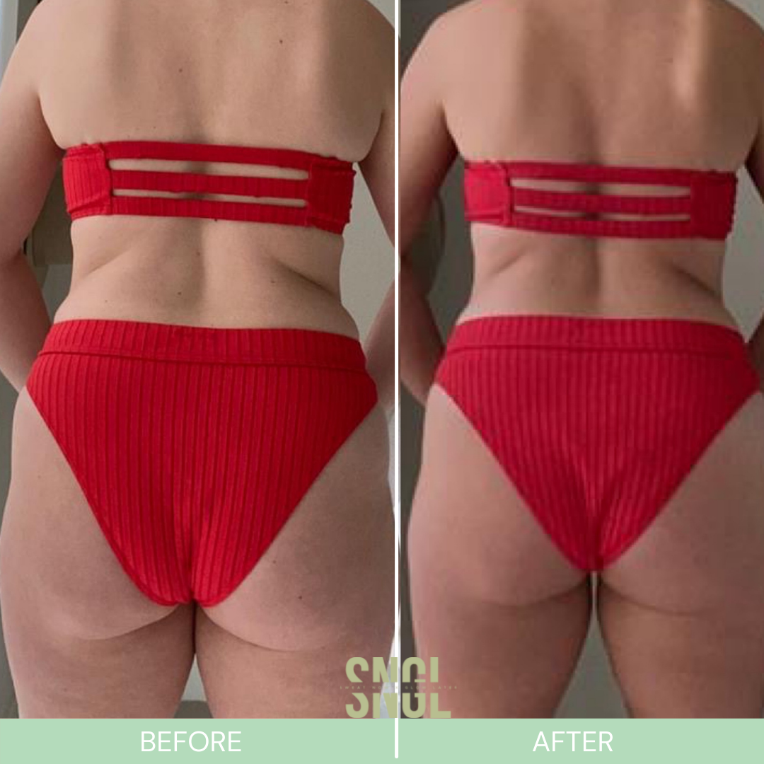 Side-by-side comparison of a woman in red ribbed lingerie, showing her back before and after a body transformation. The before image shows more body fat, while the after image shows a more toned appearance.