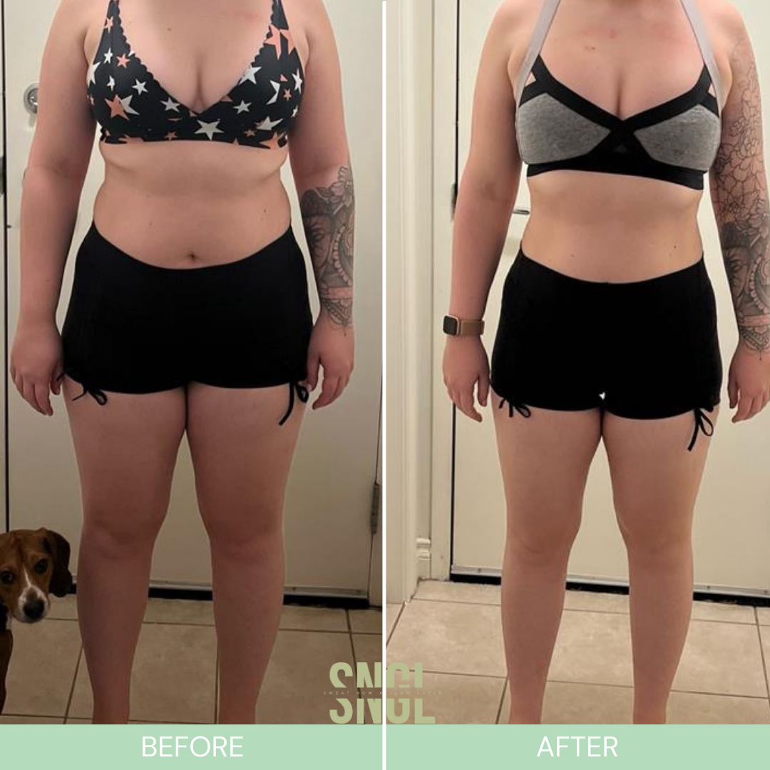 Side-by-side comparison photo showing a woman's weight loss progress. In the before image, she wears a star-patterned sports bra and black shorts, standing with a straight posture. In the after image, she wears a gray and black sports bra and similar