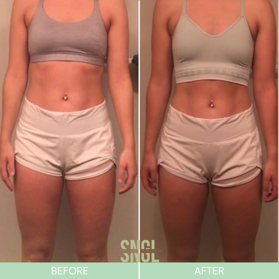 Side-by-side comparison of a woman's torso before and after a fitness transformation. Both images show her in a beige sports bra and shorts, focusing on her midsection, with noticeable reduction in abdomen and waist in the after photo.