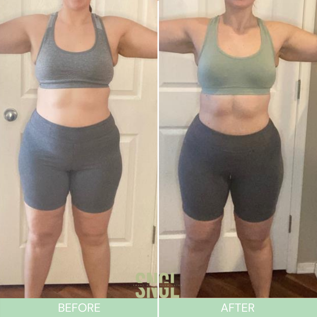 Side-by-side comparison of a woman before and after weight loss or fitness progress, showing her in workout clothes with arms raised.