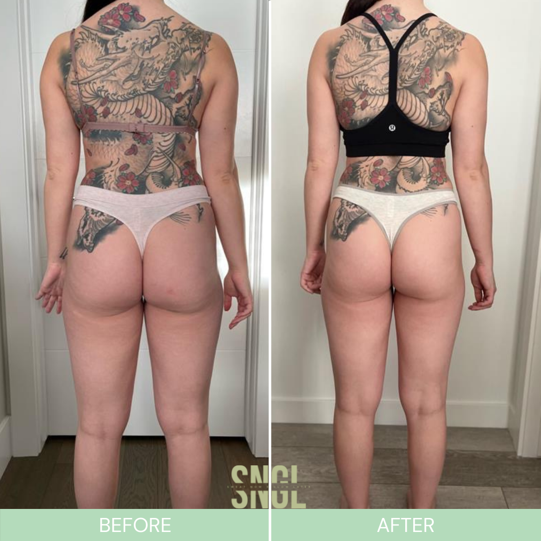 Side-by-side comparison photo of a woman before and after a fitness or body transformation, showing changes in body shape and tone, with tattoos on her back and thighs, wearing a sports bra and underwear, standing against plain backgrounds.