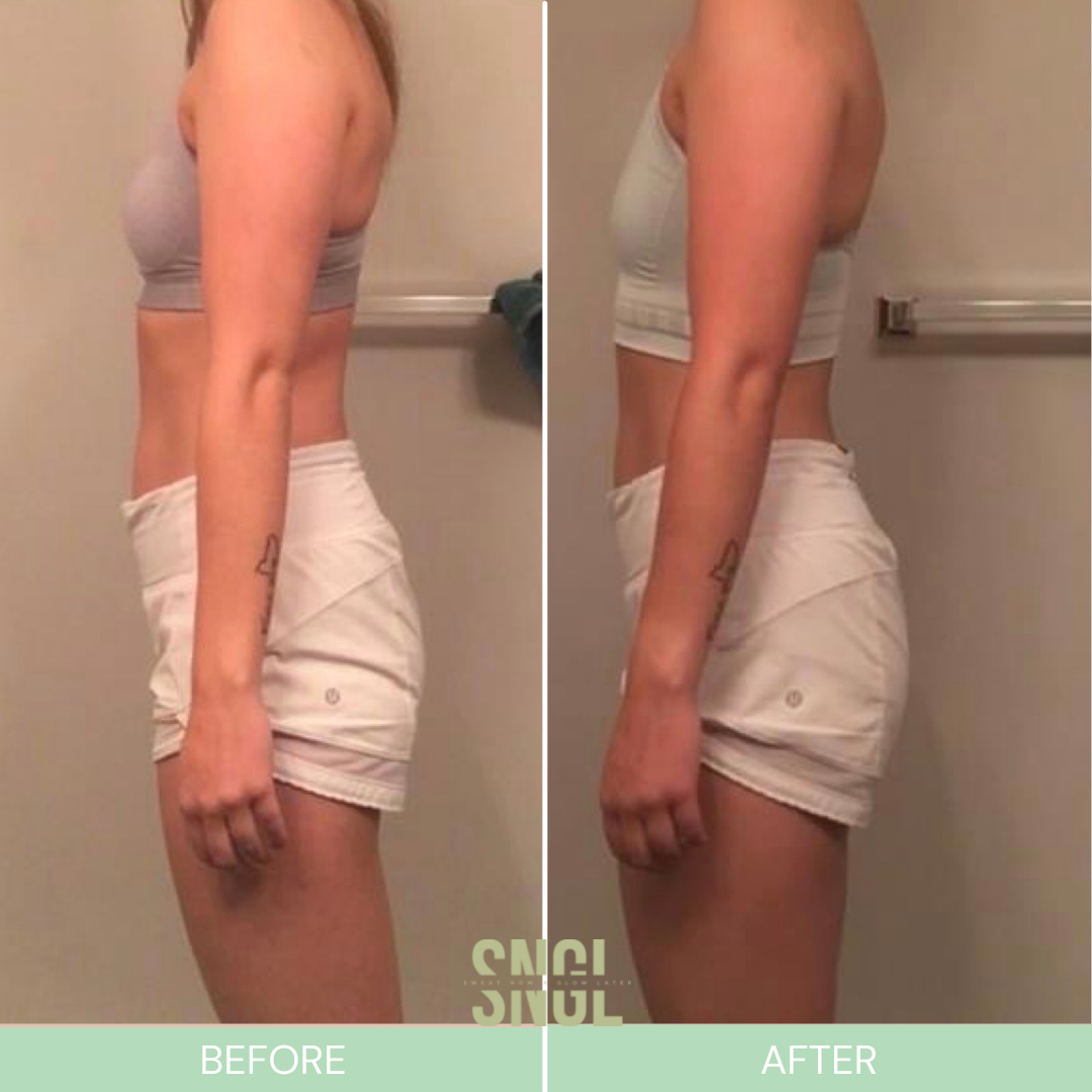 Side-by-side comparison of a woman before and after a fitness transformation, showing a slimmer physique on the right.