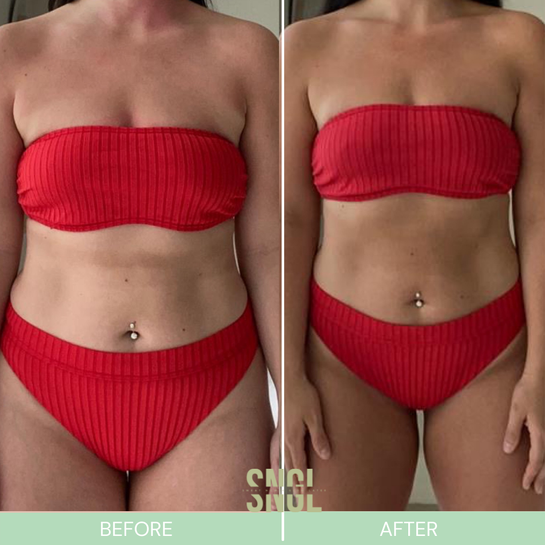 Side-by-side comparison of a woman's torso before and after a fitness transformation, wearing a red striped bikini top and bottom. The 'before' image shows a less toned physique, while the 'after' image shows a more toned and sculpted midsection.