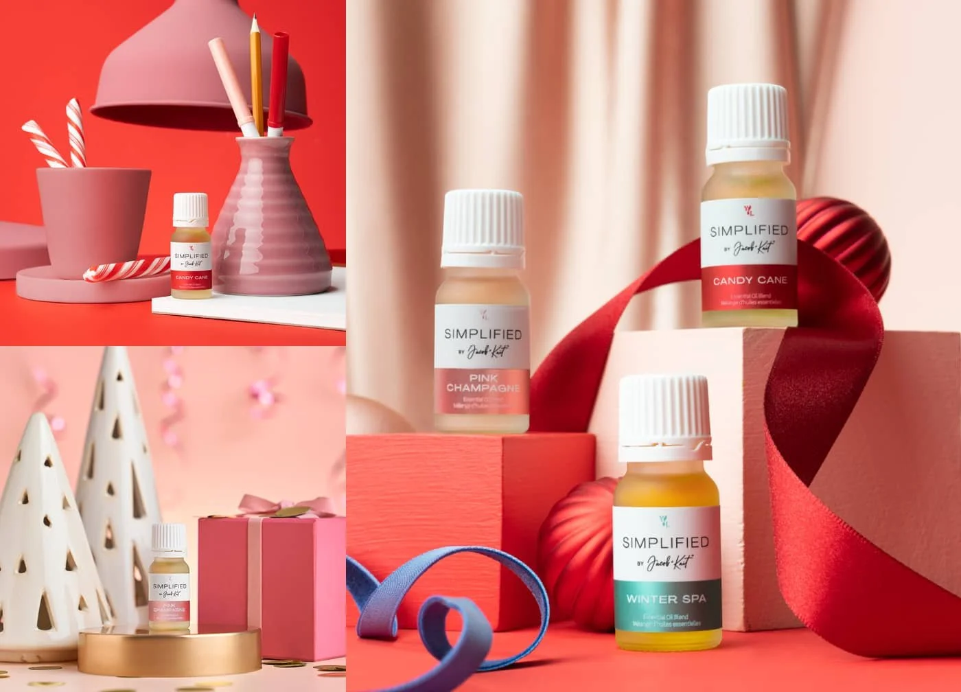 Young Living Simplified essential oil bottles styled in a festive red setup with holiday props