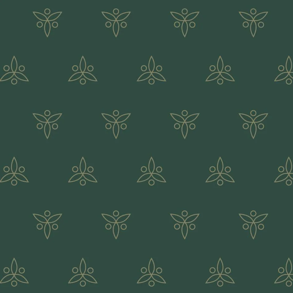 Green background with repeating gold botanical logo pattern used in Tru Body branding