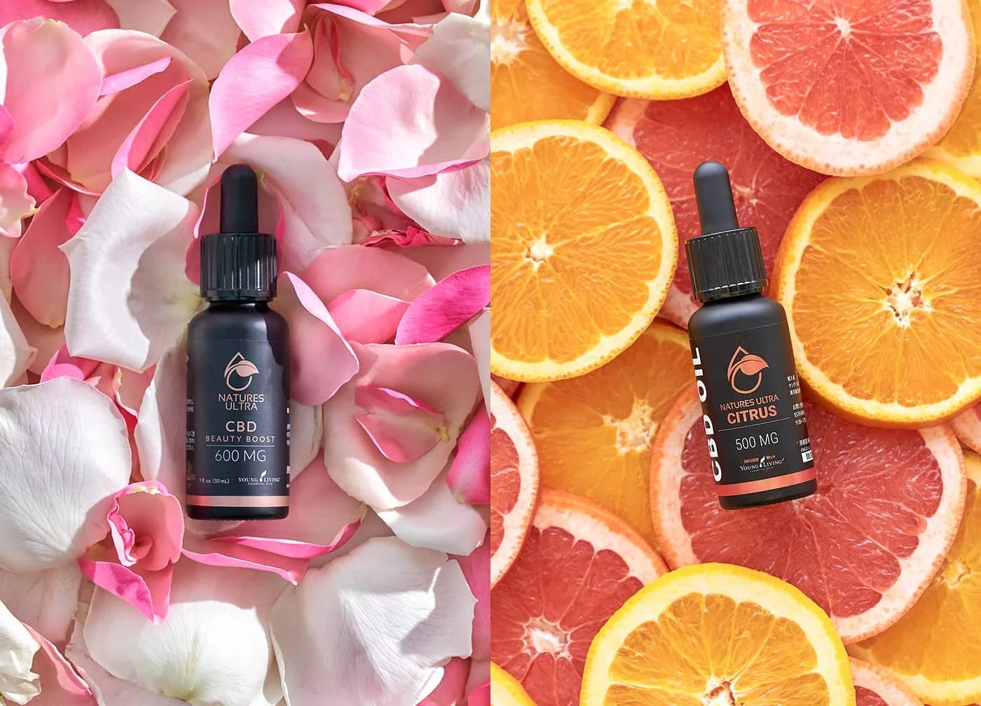 Nature's Ultra CBD oil dropper bottles displayed on rose petals and citrus fruit backgrounds for a bright, natural wellness aesthetic