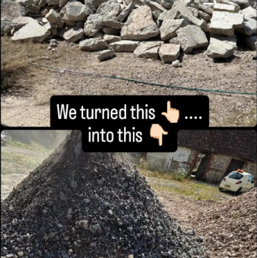 Two pictures. one is of large pieces of concrete the other is of crushed material ready for reuse.